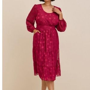NWOT Torrid midi clip dot chiffon tiered dress burgundy stars 1X ruffle empire